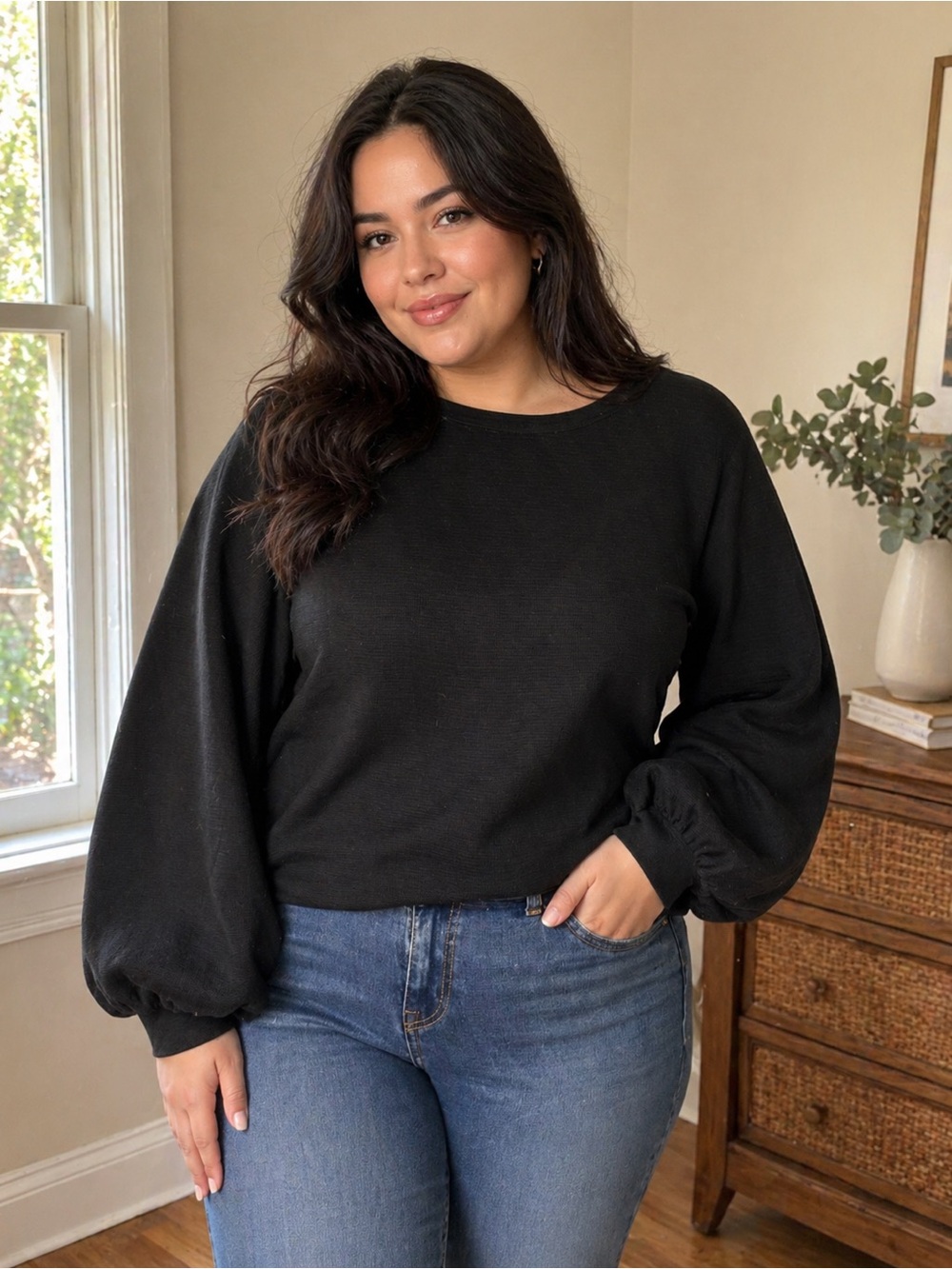 Penningtons Black Balloon Sleeve Pullover Sweatshirt | Long Sleeve Minimal Chic